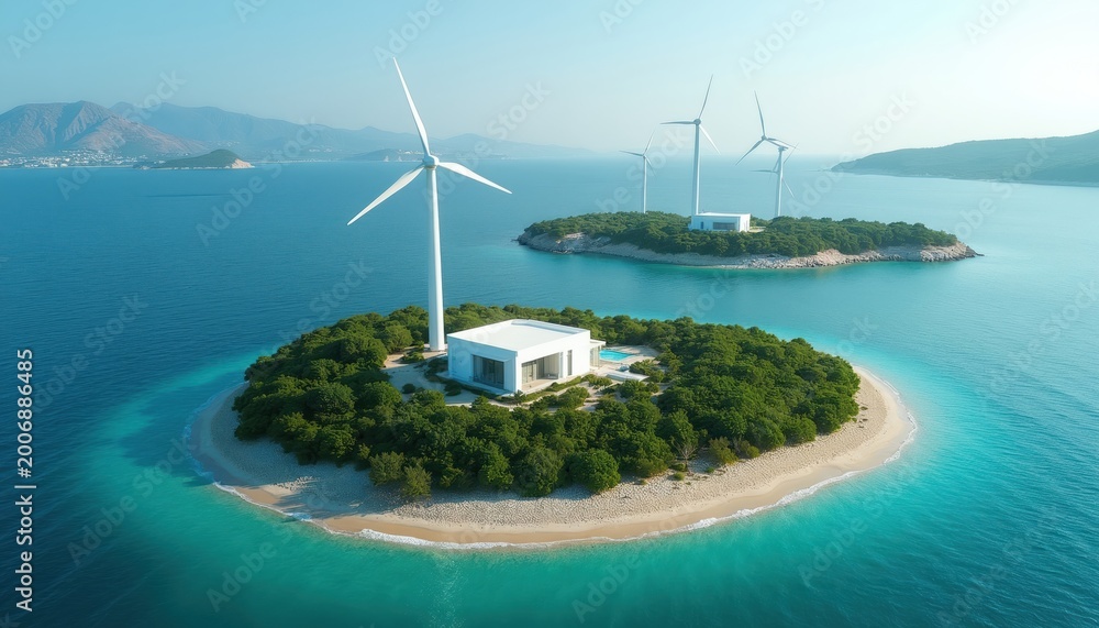 Naklejka premium Island wind turbines generate clean energy for remote modern house and village. Ocean water shows breeze currents. Power supply for island tourism and future smart microgrids.