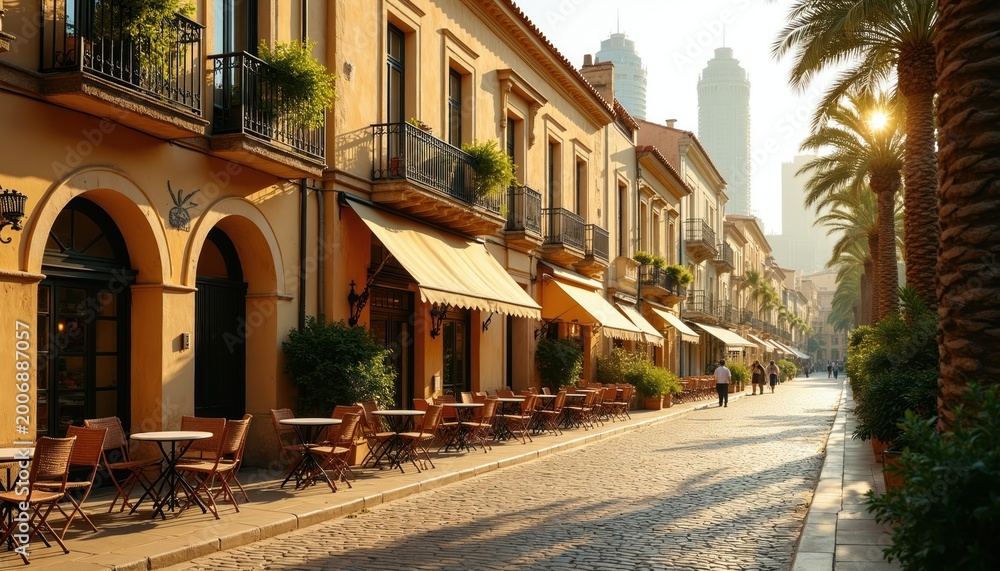 Fototapeta premium European street lined with shops cafes. Palm trees cast shadows on cobblestone road. People walk along sunny sidewalk with outdoor seating. Modern buildings visible in distance.