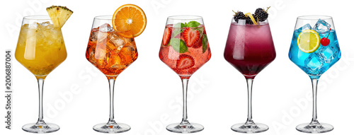 assorted spritz and cocktail lineup in copa glasses with pineapple orange strawberry blackberry and blue lemon garnishes on transparent background