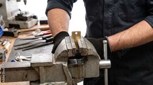 Locksmith securing a golden blank key into a heavy metal vise grip on a workbench