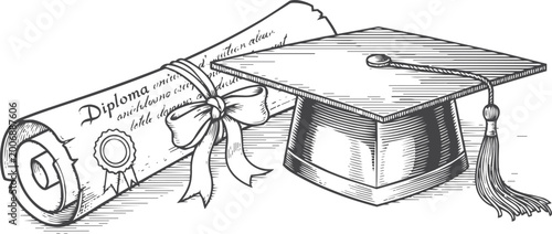 Graduation cap and diploma scroll, engraved style