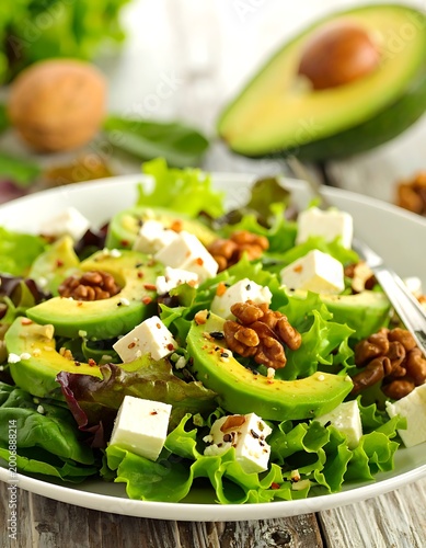 A plate of mixed greens topped with avocado, cheese, and nuts