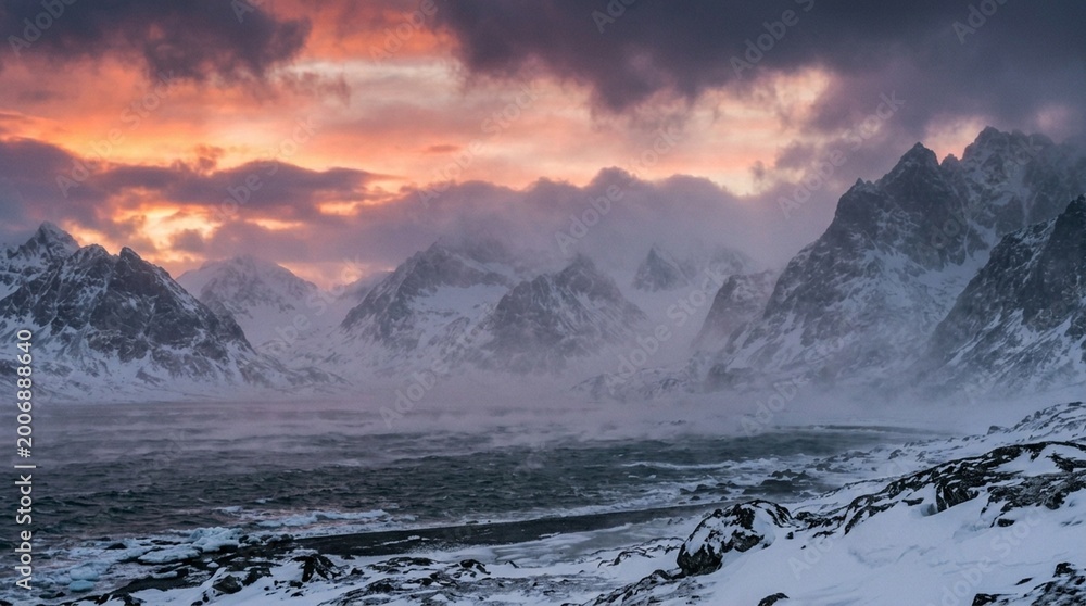 Obraz premium Arctic snowstorm blizzard over dark mountain