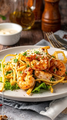 A plate of shrimp pasta garnished with herbs