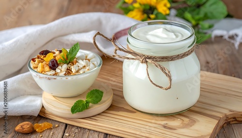 A rustic wooden table setting with a bowl of cereal and a jar of yogurt