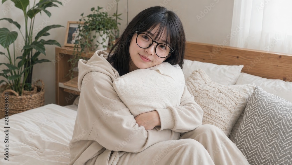 Obraz premium ベッドでクッションを抱きしめて微笑むメガネの女性