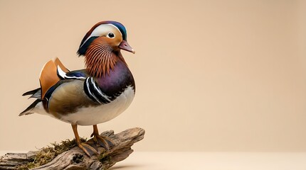 Vibrant male Mandarin duck perched on mossy driftwood against a neutral minimalist background with copy space