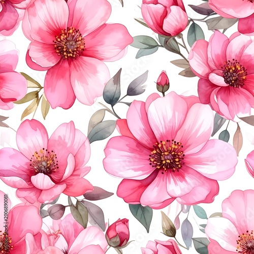A seamless floral pattern features large pink flowers with green leaves on white