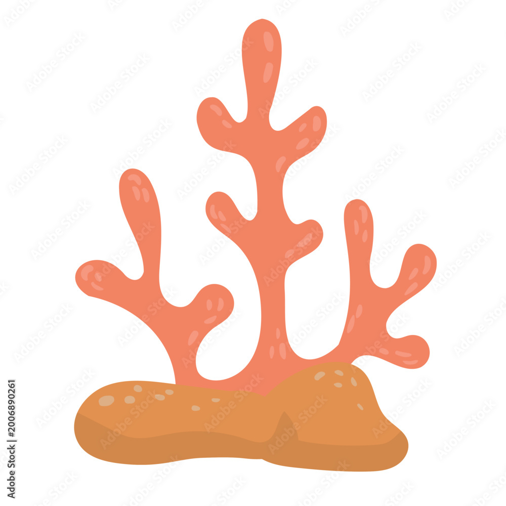 Obraz premium Orange coral isolated on white background. Flat vector illustration of marine life for nautical and environmental design
