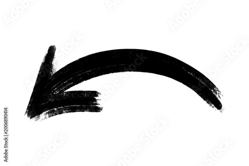 Tableau sur toile Hand drawn black brush stroke arrow pointing left, thick paint texture curved pointer isolated on transparent background