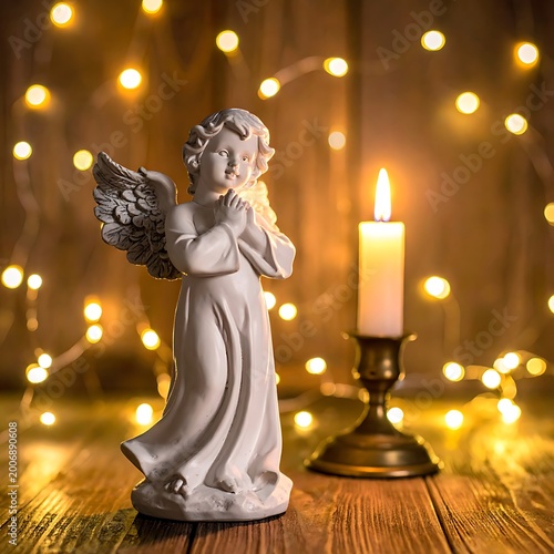 A serene angel statue beside a lit candle on a wooden table (1)