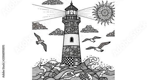 Fotografie Ornate Lighthouse Illustration with Seagulls and Sun.