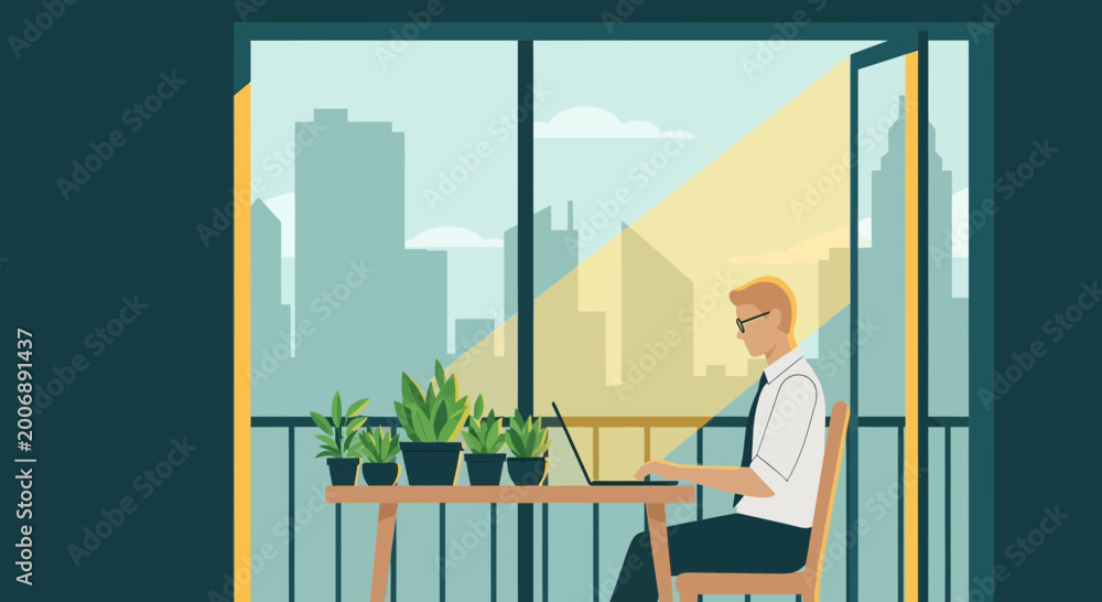 Obraz premium Man working on laptop on balcony with city view and plants