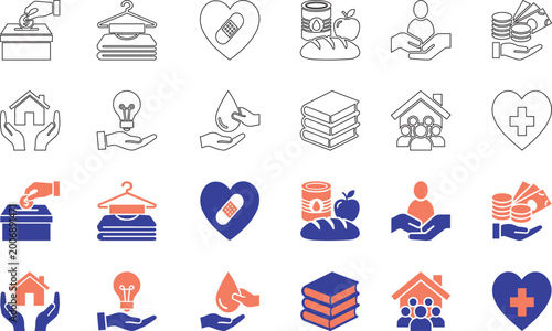Charity donation and social care icon set with outline and solid vectors
