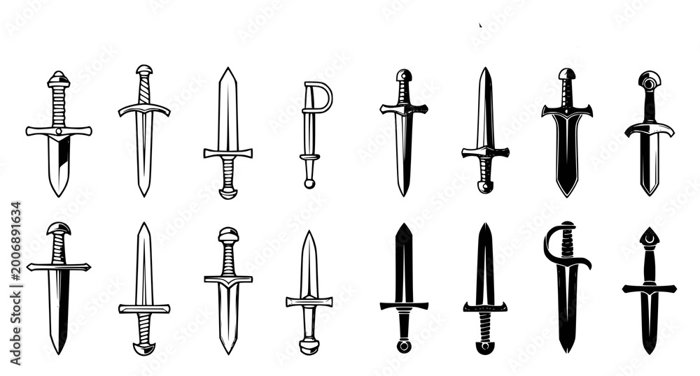 Fototapeta premium Set of assorted medieval fantasy daggers and short swords in outline and black silhouette styles for game asset design or historical weapon collection isolated on white background vector illustration