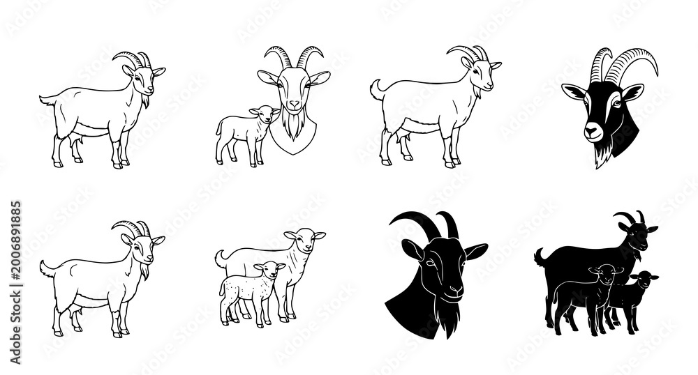 Fototapeta premium Goat and lamb farm animals vector icon set featuring realistic silhouettes and line art of goats and baby lambs for agricultural branding and livestock design projects on white background