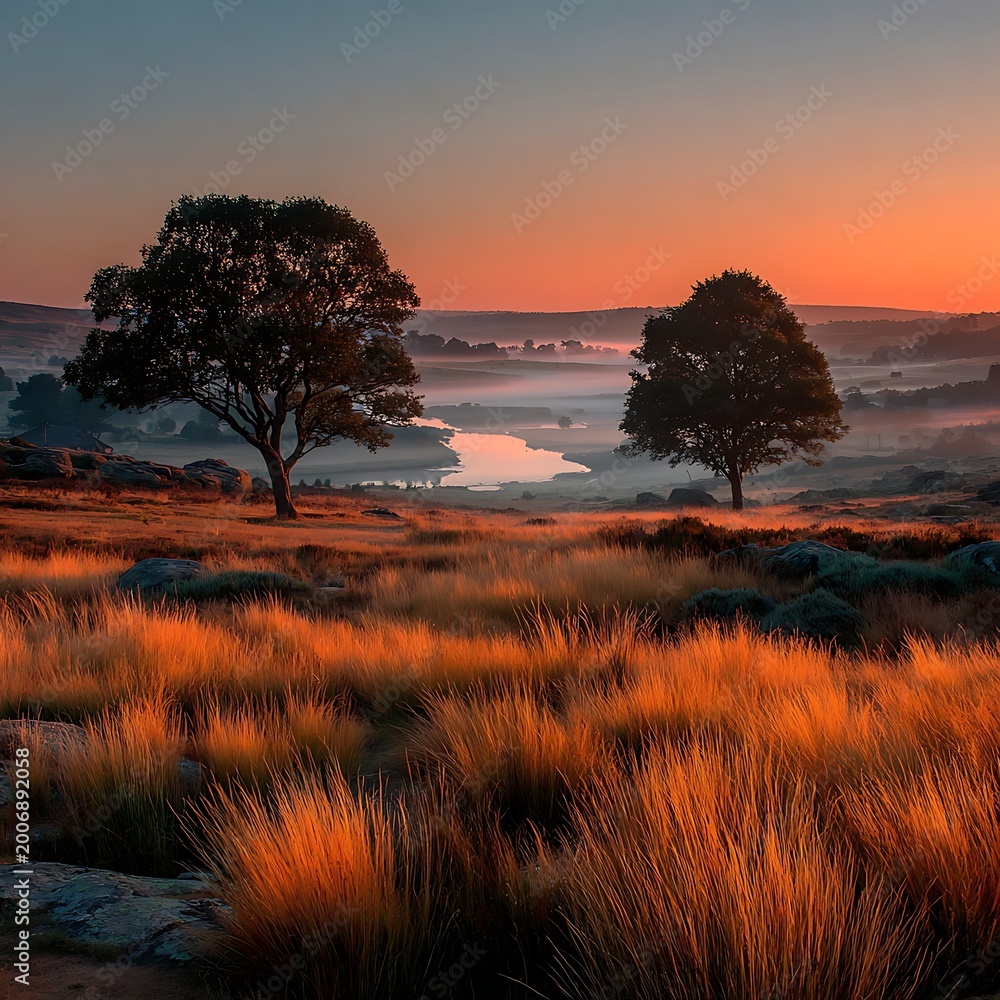 Naklejka premium Serene sunset over a lone tree and snowy field clouds