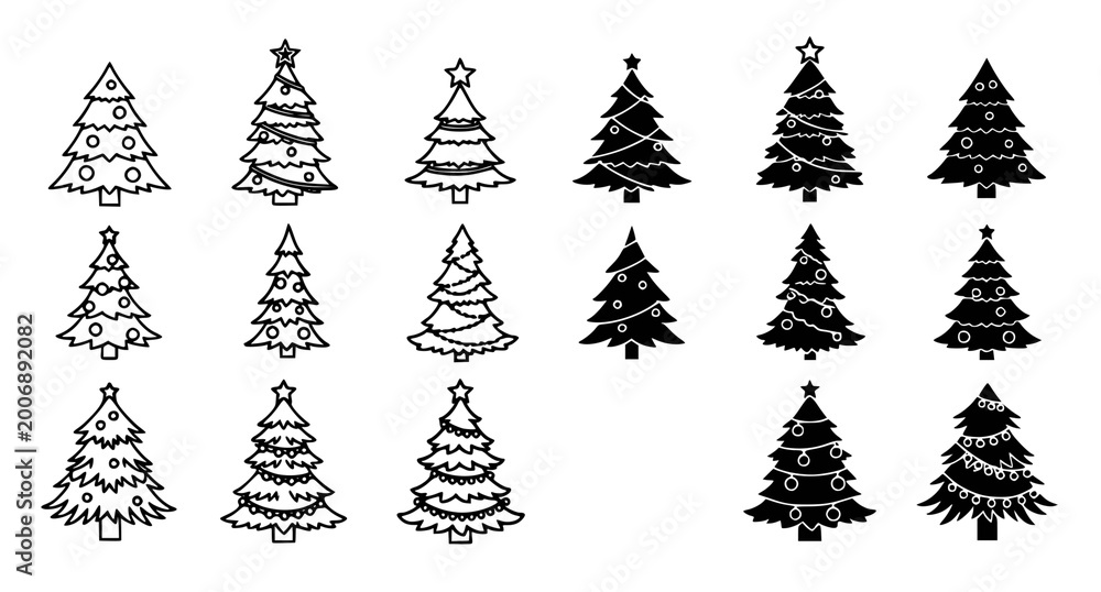 Fototapeta premium Christmas tree vector collection with various decorative ornaments in line art and solid black silhouette styles for festive holiday greeting cards and seasonal celebration graphic design projects