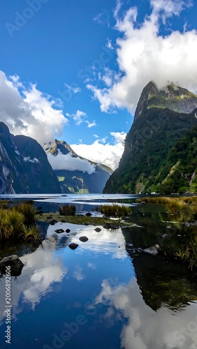 A serene lake surrounded by majestic mountains under blue sky