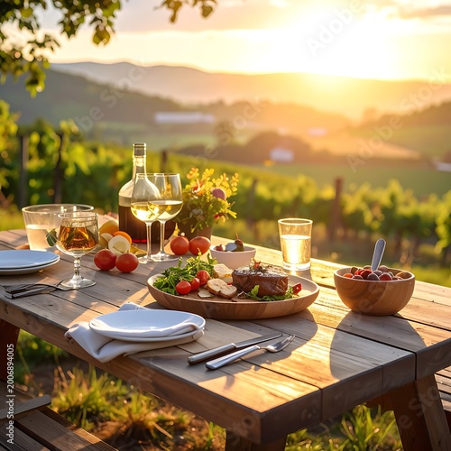 A serene outdoor dining setup at sunset with a delicious meal