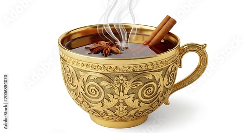 Steaming hot beverage in a decorative golden cup with star anise and cinnamon sticks hot drink coffee