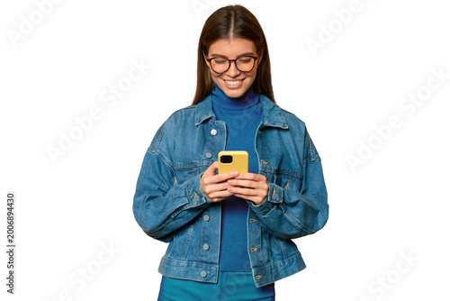 Canvastavla Romantic woman chatting with boyfriend online using mobile connection on phone o
