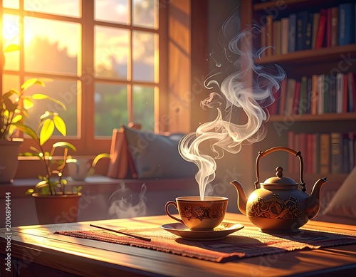 A serene scene of a steaming teacup and kettle on a wooden table