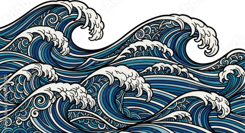 Tableau sur toile Stylized Ocean Waves with Swirling Patterns.