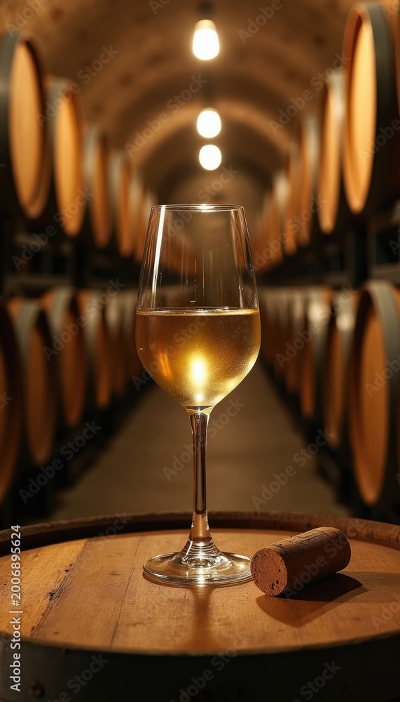 Naklejka premium Glass of white wine sits on wooden barrel in wine cellar. Rows of aged wine casks stretch into darkness. Soft lights illuminate distillery interior. Cork lies nearby.