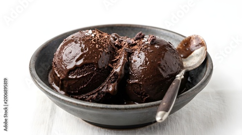 A bowl of dark Dutch chocolate ice cream, rich deep brown color, glossy creamy texture, smooth scoops with slight melting edges, premium dessert styling,  pure white background