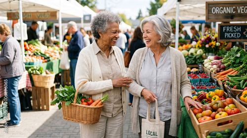 Elderly women smiling and shopping at a vibrant farmers market with fresh produce
