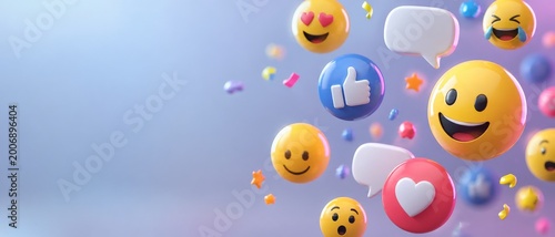 Glossy 3D smiley faces with speech bubbles, heart and thumbs up reaction icons, floating confetti on soft pastel gradient background with copy space.