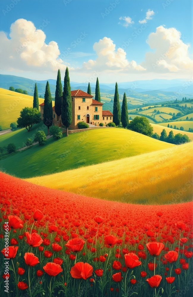 Naklejka premium Tuscan villa on rolling hills, vibrant red poppy field foreground, green and yellow meadows, cypress trees, blue sky, scenic Italian landscape.