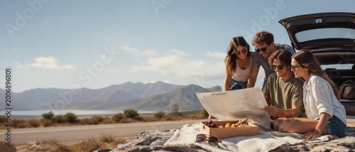 Friends on a road trip gathered by an open car trunk reading a paper map beside picnic snacks with mountains, lake and highway in sunny landscape