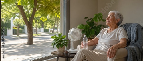 Senior woman rests in an armchair by a large window with a fan, water bottle, indoor plants, and leafy street view on a warm day at home