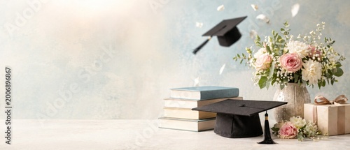 Graduation cap with stacked books, pastel flowers, wrapped gift box, floating petals, and soft copy space for academic celebration design