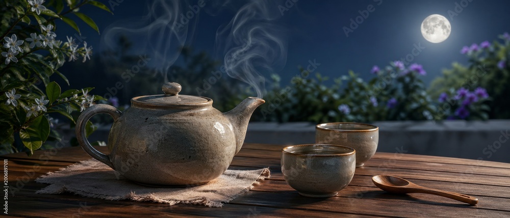 Fototapeta premium Steaming ceramic teapot and two cups on a wooden garden table under moonlight, with flowers, spoon and soft night greenery in the background