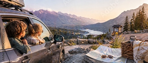 Children looking from a car window at a mountain lake viewpoint during sunset, with travel map, picnic basket and alpine scenery in warm light