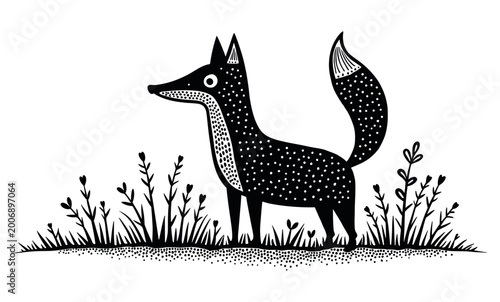 Folk art fox illustration - decorative animal, dotted pattern, woodland creature, black and white drawing