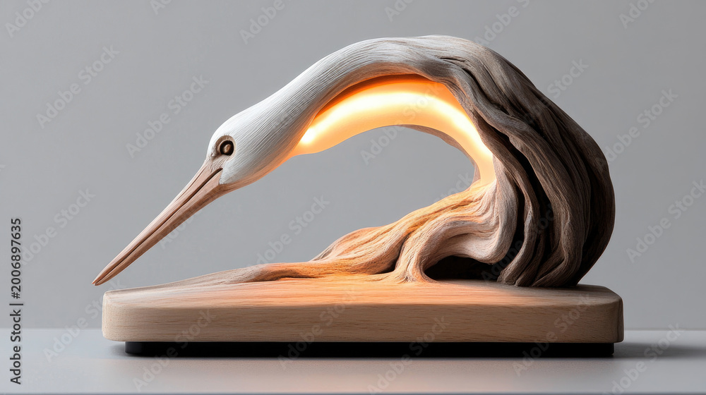 Fototapeta premium Wooden crane lamp creating ambient light, illuminating a minimalist interior while embodying natural craftsmanship and decorative elegance in Scandinavian style