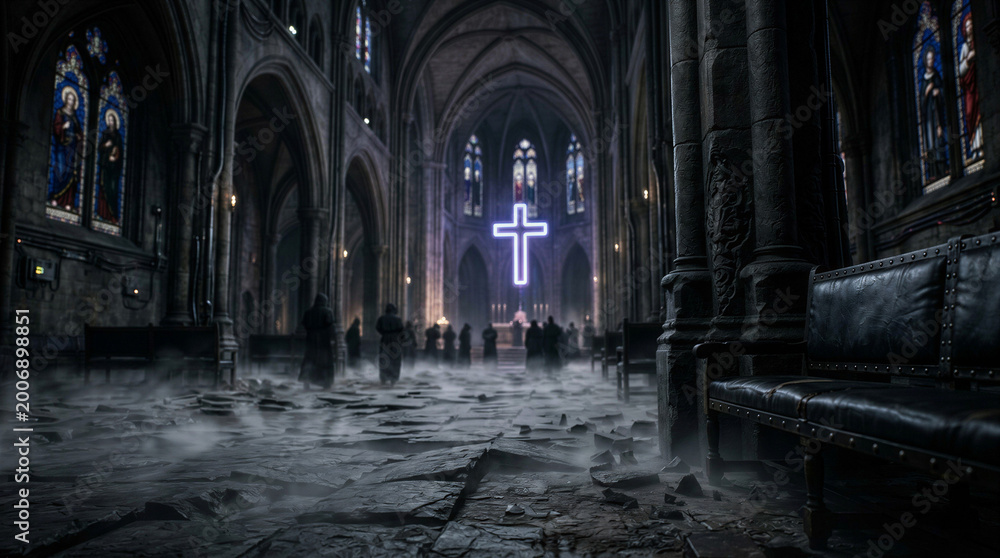 Fototapeta premium Dark interior of an abandoned church with stained glass windows 
