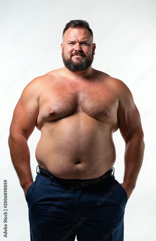 Obraz premium Shirtless overweight man with belly stands confidently. Adult male shows torso and abdomen, body positive. Isolated studio shot with white background, hands in pants pockets.