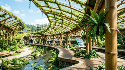 Modern bamboo architecture with green spaces and waterway in daylight  