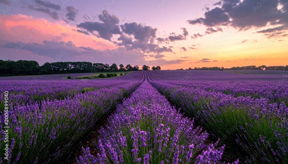 Obraz premium Vast Lavender Field Under a Dramatic Sunset Sky.