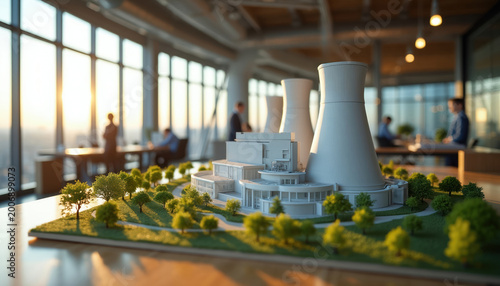 White nuclear power plant model sits on office table with mini trees. People work in background near windows at sunset. Clean energy design concept.