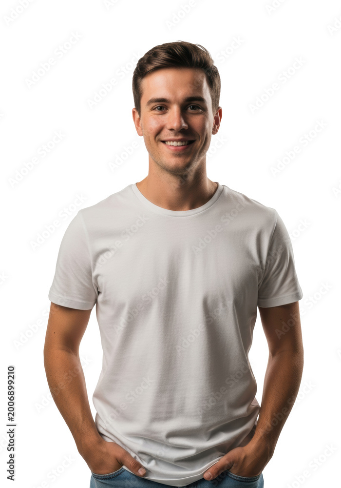 Obraz premium Young caucasian man with short brown hair wearing a white t-shirt and blue jeans, smiling in a white studio with soft lighting, concept of friendly confidence