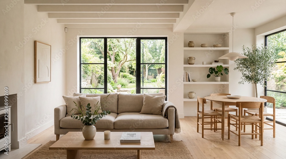 Fototapeta premium Japandi inspired living room interior design combining minimalism and warmth