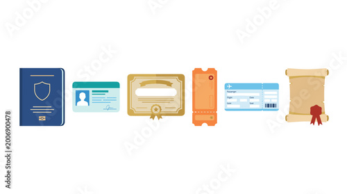 vector identification and travel documents set with passport id card certificate ticket card and scroll diploma