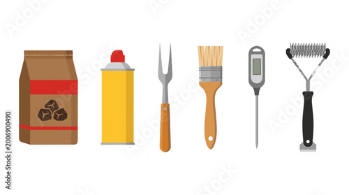 vector barbecue grilling tools accessories set with charcoal bag lighter fluid fork brush thermometer and scraper