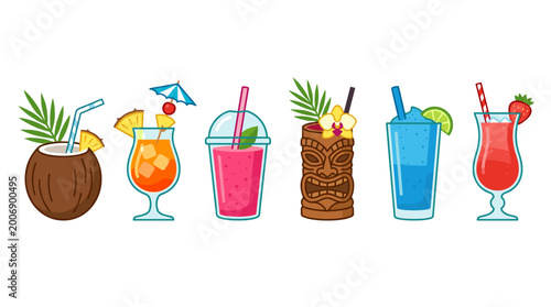 vector tropical summer cocktails drinks set with coconut tropical cocktail smoothie tiki mug blue lagoon and